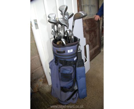 A golf caddy and seventeen mixed clubs.