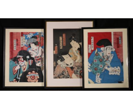 Kunisada,Two Actors, half length portrait, Oban tate-e, Meiiji and two later prints (3)