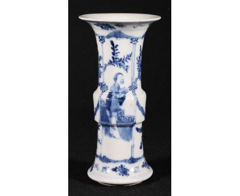 Late 19th century blue and white gu shaped vase with figure and bird panel, Kangxi mark to base, 20cm CONDITION REPORT: Appea