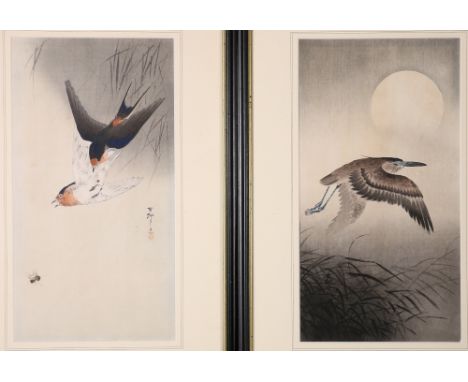 OHARA KOSON
Two swallows chasing a bee, Japanese woodblock print
Signed, 34x18cm
and another of a bird in moonlight CONDITION