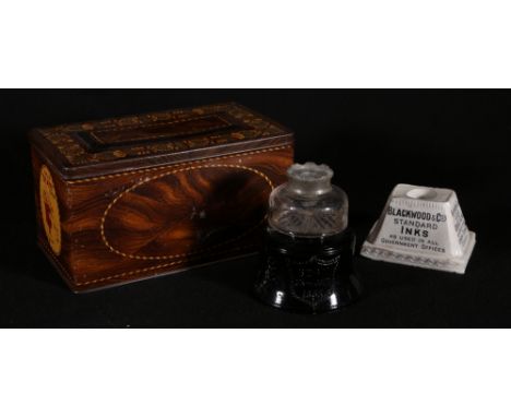 Blackwood & Co Inks advertising inkwell of trapeze form, 10.5cm, a Carbuine motor spirit advertising inkwell, 7cm, Chinese Go