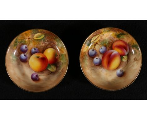 Pair of Royal Worcester dishes decorated with apples, peaches and blue berries within a gilt border, signed (perhaps) Roberts