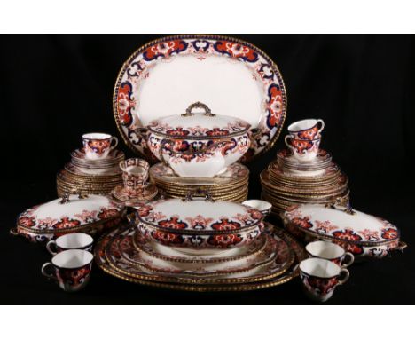 Royal Crown Derby seventy-three piece Imari part dinner service including three ashets and two Imari tea cups with saucers, r