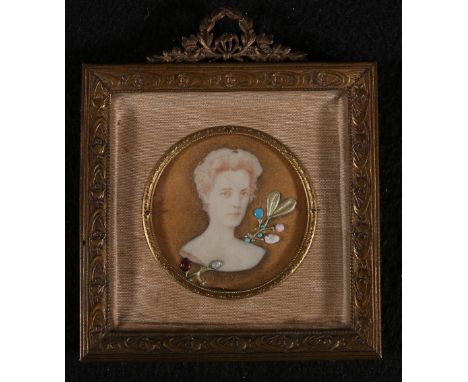 Early 20th century French watercolour on ivory miniature portrait of a lady inset with turquoise, opal and enamel cabochons, 