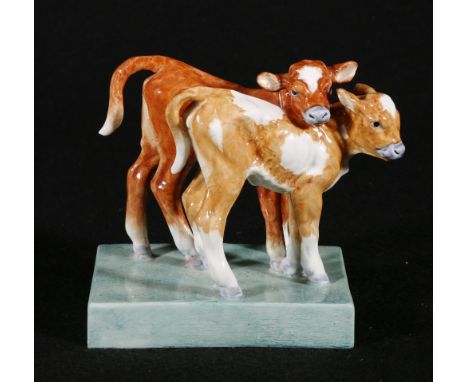 Royal Worcester group titled "Calves" modelled by Doris Lindner, pattern no 3146, 11cm CONDITION REPORT: large crack to back 