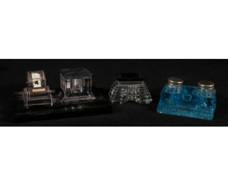 Art Deco desk stand with inkwell and perpetual calander and two Art Deco glass inkwells (3)