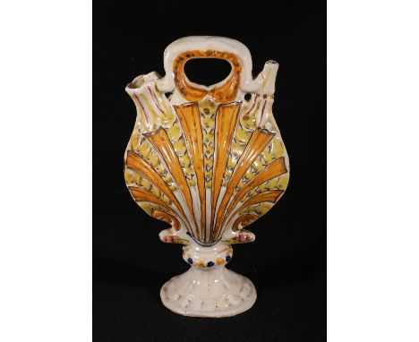 19th century Majolica shell shaped flask, on circular pedestal base, 28cm high.