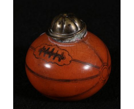 Victorian inkwell of rugby ball form with cap mount. 7cm