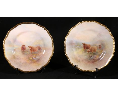 Pair of Royal Worcester cabinet plates decorated with Highland Cattle painted by Henry Stinton, signed, 28cm diameter. CONDIT