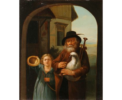 CONTINENTAL SCHOOL (19th century)
Gentleman playing pipes and a boy
Oil on copper panel, unsigned
24 x 21xm