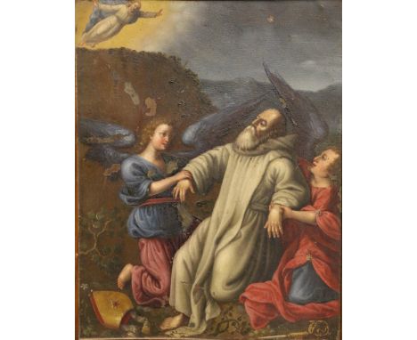 19th Century School
Saint being supported by angels with a bishop's mitre and crosier at his feet.
Unsigned, oil on board
26 