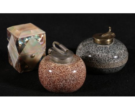 Abalone and mother of pearl inlaid parquetry inkwell and two granite curling stone inkwells (3)