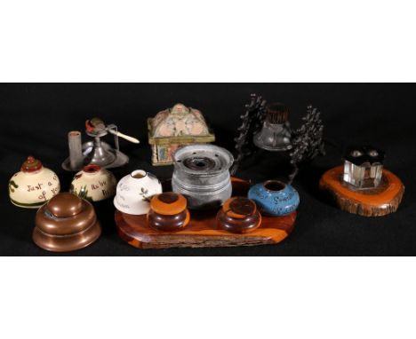 Three pottery inkwells including;  Branham, and Carltonware "Arcadian" inkwells, copper inkwell, imitation tree bases inkwell