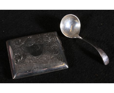 Silver cigarette case, engraved 1918 and a sauce ladle, 4oz.
