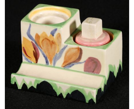 Clarice Cliff Newport pottery Bizarre range Gloria pattern inkwell, 10cm wide CONDITION REPORT: Cover restored