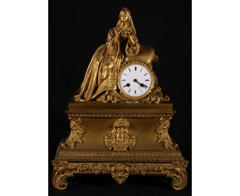 19th century French ormolu mantel clock with Rennaisance maiden and enamel Roman dial, the early suspension cylinder movement