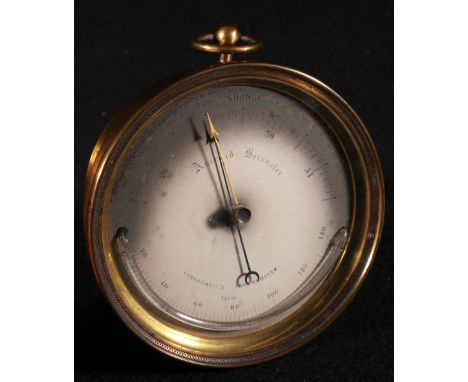 Victorian lacquered brass circular barometer, with silvered dial and thermometer, 15cm. CONDITION REPORT: Current numerical r