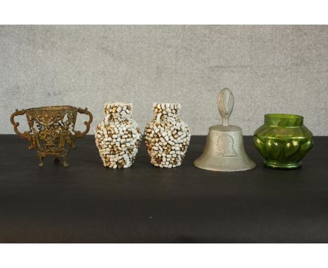 A pair of vintage gold and white cube covered ceramic vases along with a green Art Nouveau Loetz glass vase, a copy of the Vi