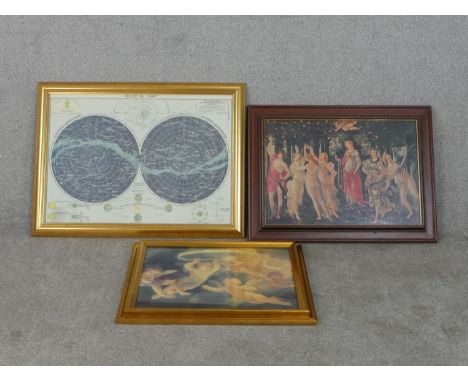 Three framed and glazed prints, a map of the solar system, Primavera by Sandro Botticelli and Classical cherubs holding a rib