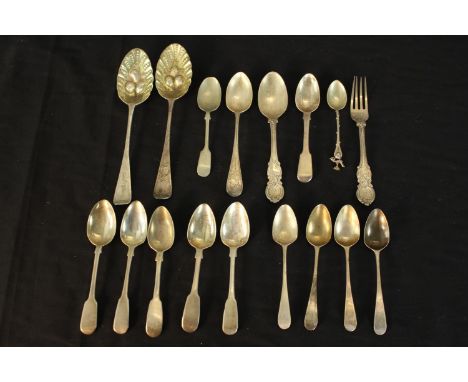 A collection of silver and silver plated cutlery, including a pair of gilded Georgian berry spoons (hallmarked: WF for Willia