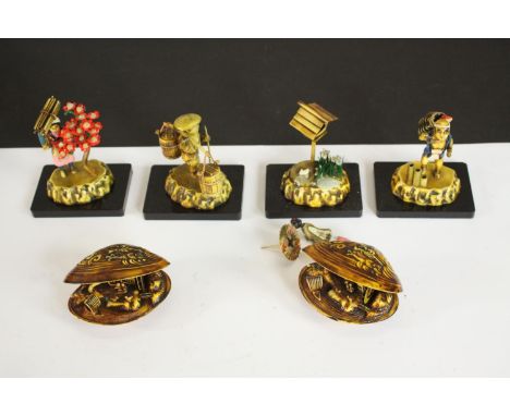 Two vintage Chinese celluloid clam shell dioramas along with four other similar scenes, three with Chinese figures, a bird ho