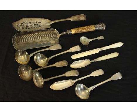 A collection of silver and silver plate cutlery, including a silver ended antler handled silver plated crumb scoop, two mothe