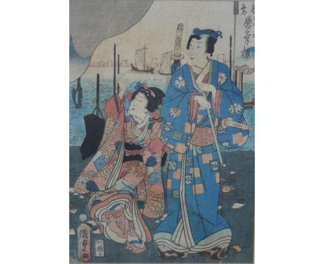 A framed and glazed 19th century Japanese woodblock print of two Geishas with artists seal. H.59 W.42.5cm 