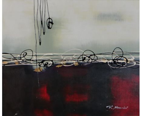 R Mancini (Contemporary), abstract in hues of red, black and white, acrylic on canvas, signed lower right. H.65 W.76cm 