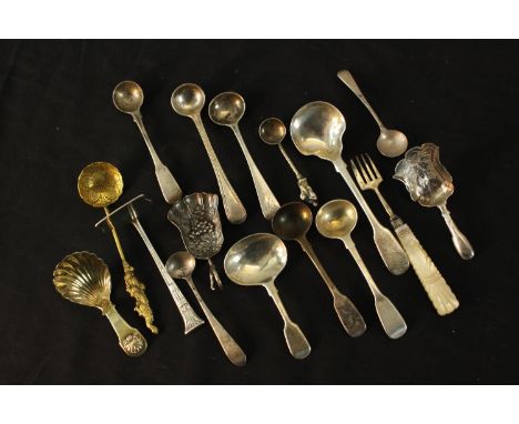 A collection of sixteen pieces of 19th century silver cutlery, including two Georgian caddy spoons one with repousse vine and