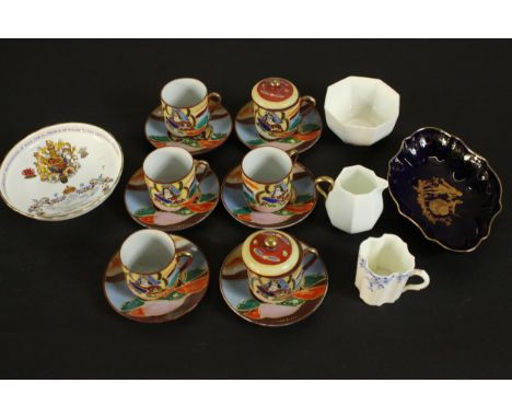 A set of six Samurai porcelain coffee cups and saucers, a Limoges gilded blue ceramic trinket dish and other items H.4 W.18 D