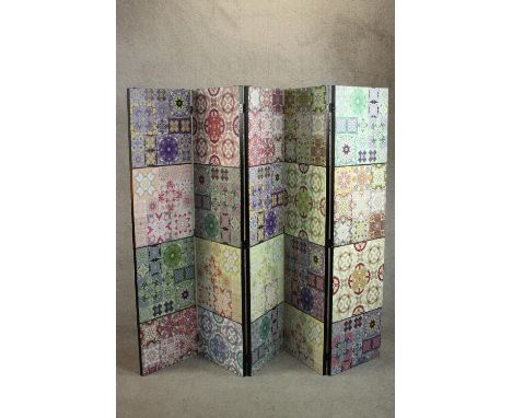 A contemporary five fold screen, each fold with four panels depicting a variety of tile designs in varying colours. H.172 W.2