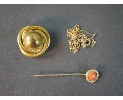 A collection of gold and yellow metal jewellery, including a 18 carat yellow gold plated knot brooch, makers mark JJ (pin mis