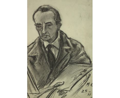 A framed and glazed charcoal portrait of a gentleman reading the newspaper. Monogrammed M. EV, 23-11,56. H.43 W.33cm. 