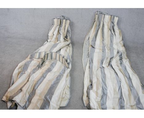 A pair of fully lined heavy striped cream, white and grey silk/cotton mix curtains, ruched and button detailing to the top. M