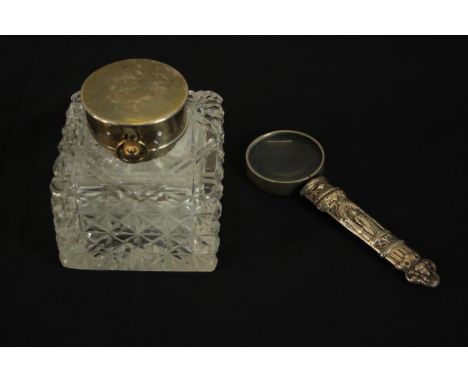 A silver timepiece lidded glass inkwell by John Grinsell &amp; Sons, the hinged lid revealing a crown wind timepiece by Brown