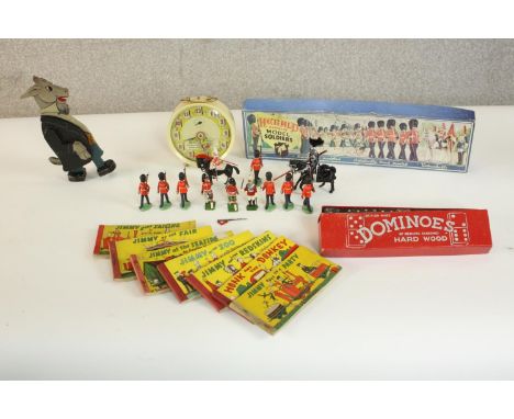 Herald model soldiers boxed, a 1950s Smiths 30 hour Hare and Tortoise mantle clock with round illustrated face, a walking goa