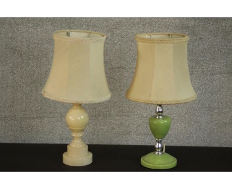 A carved alabaster table along with a Art Deco chrome and green Bakelite table lamp. Each with cream shade. H.40 Dia.11cm. (l