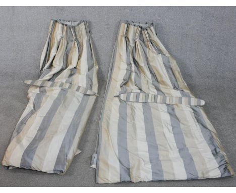 A pair of fully lined heavy striped cream, white ad grey silk/cotton mix curtains, ruched and button detailing to the top. Ma