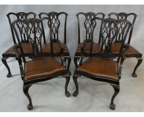 A set of six mahogany Chippendale style dining chairs with carved and pierced lattice backs above drop in seats on cabriole s