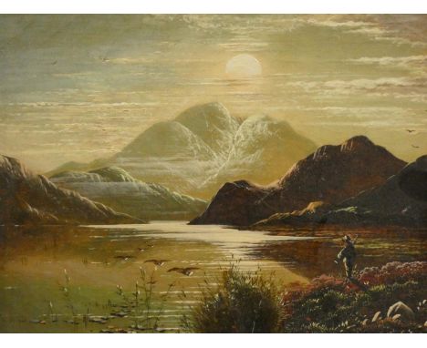 Charles Leslie (1839-1886) an oil on canvas in ornate gilt frame, Highland hunting scene by moonlight, signed Chas Leslie to 