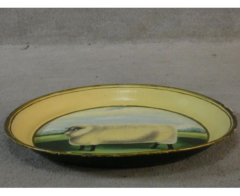 A large vintage folk art enamel and lacquered tray with hand painted decoration. D.50cm 