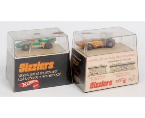 Hotwheels Mattel Sizzlers Group, 2 boxed//cased examples, to include Mustang Boss 302, and Firebird Trans-AM (Both FG-BFG)