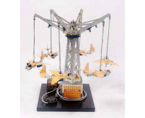 Meccano Factory Built Shop Display Model of Flying Jets, 1970s examples, made from mainly zinc and yellow components, with or