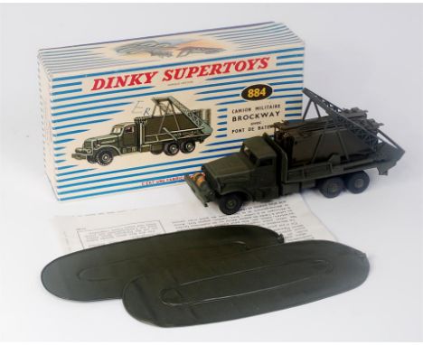 French Dinky Toys, No.884 Brockway Bridgelayer, 6-wheeled Truck in military green, with plastic bridge sections and 2 x infla