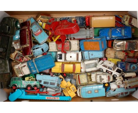 Tray of mixed play worn Corgi Toys, Dinky Toys and Britains diecast vehicles, to include Britains Lister Elevator, Corgi Smit