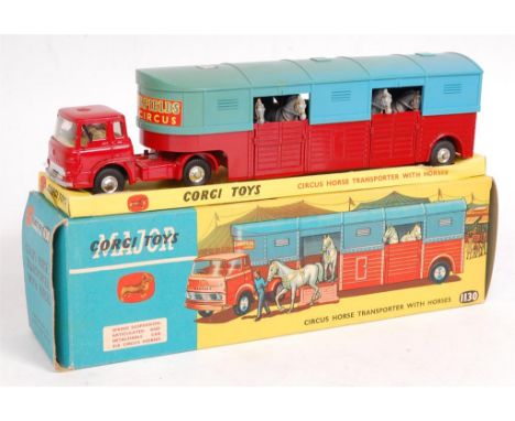 Corgi Toys, 1130, Chipperfields Horse Transporter, red Bedford TK truck with red and light blue transporter, spun hubs, 6 gre