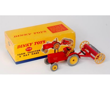 Dinky Toys, 310, Tractor and Hay Rake, comprising of No.300 Massey Harris Tractor and No.324 Hay Rake, finished in red and ye