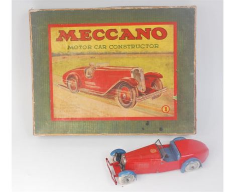 Meccano No.1 Motor Car Constructor, blue and red example, in the original labelled all card box, Meccano transfer to bonnet, 