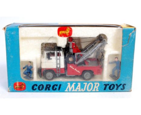 Corgi Major Toys, 1142, Holmes wrecker truck, red, white and black body, gold twin booms, 2 spare wheels, ladder on tilt, two