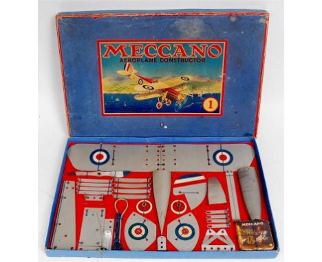 Meccano Aero Constructor No.1, circa 1931, in original box, silver parts with RAF roundels, with manual, re-strung on origina